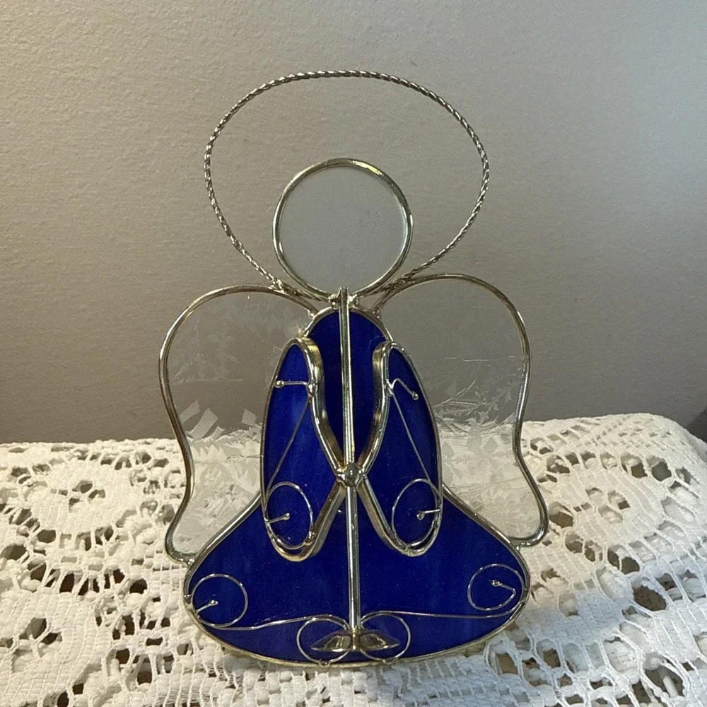 Stained Glass Angel Votive Candle Holder Tea Light Blue Christmas